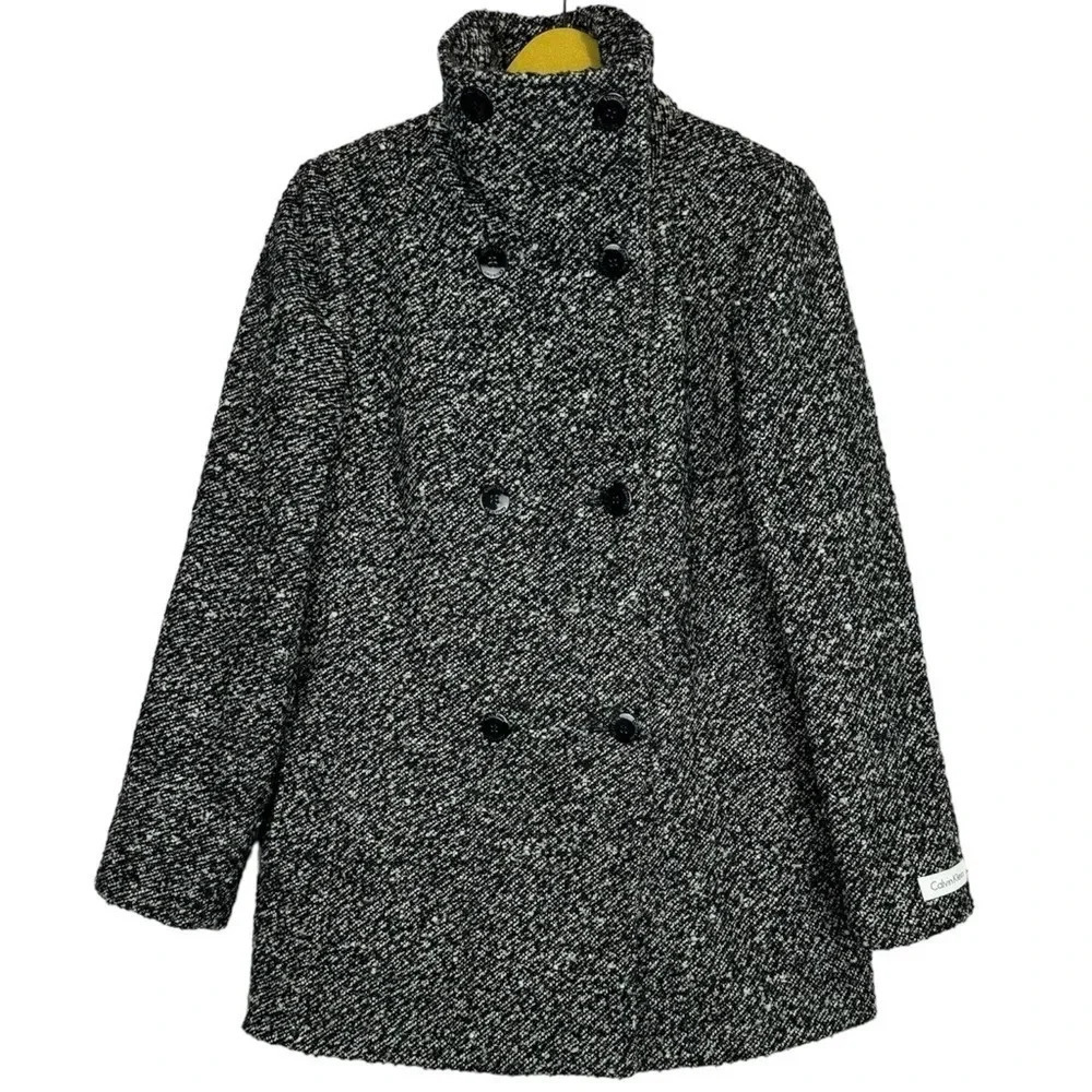 Calvin Klein Wool Blend Pea Coat Jacket Small White Black Doble Breasted Tweed - Picture 3 of 10